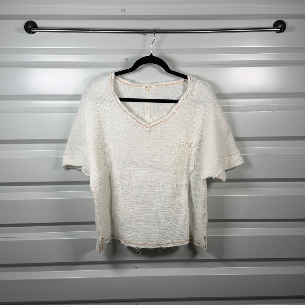La Miel Womens Cream Cotton Gauze V-Neck Pocket‎ Top Short Sleeve HAT7474 Small